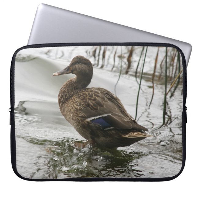 Grey duck on dark the lake laptop sleeve (Front)