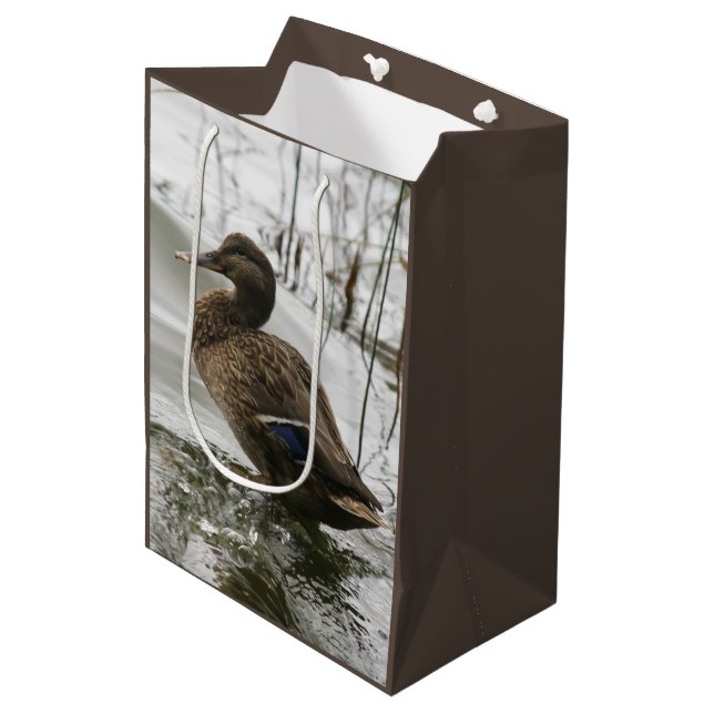 Grey duck on dark the lake medium gift bag (Front Angled)