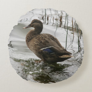 Grey duck on dark the lake round cushion