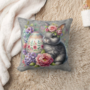 Grey Easter Bunny Damask Pattern Throw Pillow