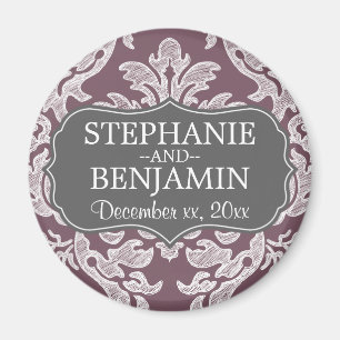 Grey & Eggplant Damask Pattern Wedding Favour Magnet