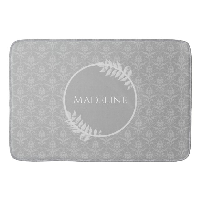 Grey Elegant Damask Personalised Bath Mat (Front)