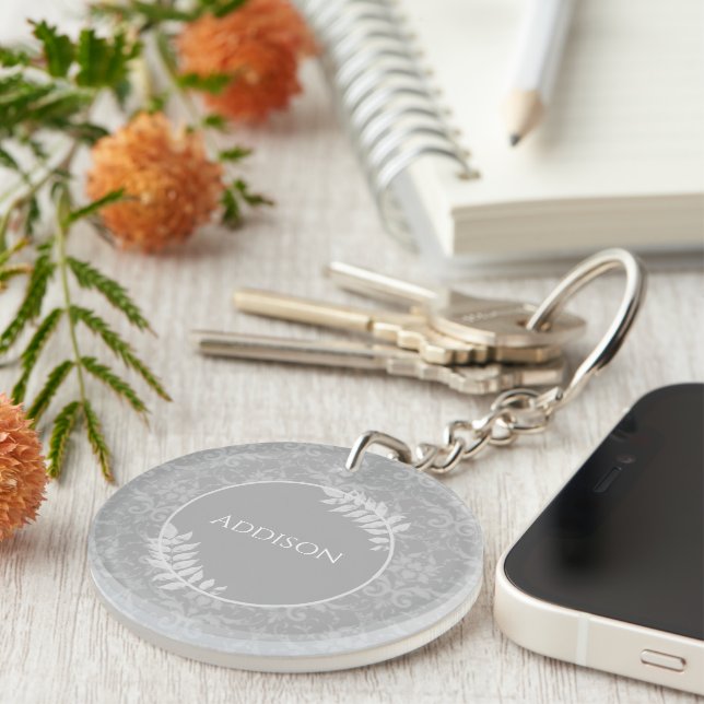 Grey Elegant Damask Personalised Keychain (Front Right)