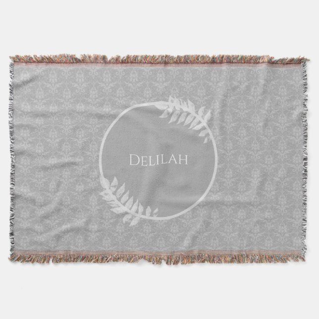 Grey Elegant Damask Personalised Throw Blanket (Front)