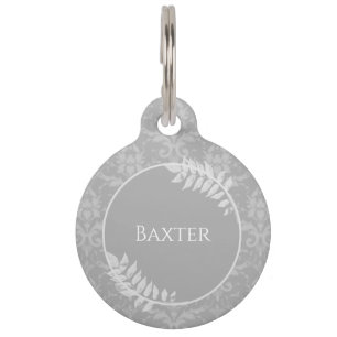 Grey Elegant Damask Round Pet Tag