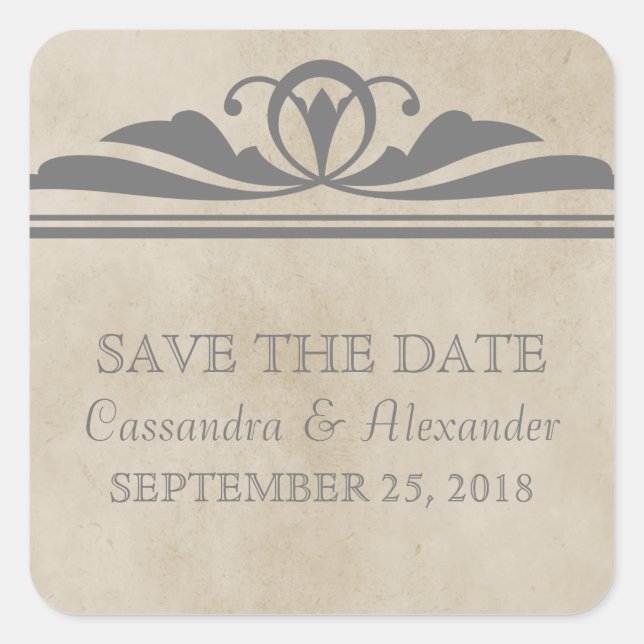 Grey Elegant Deco Save the Date Stickers (Front)