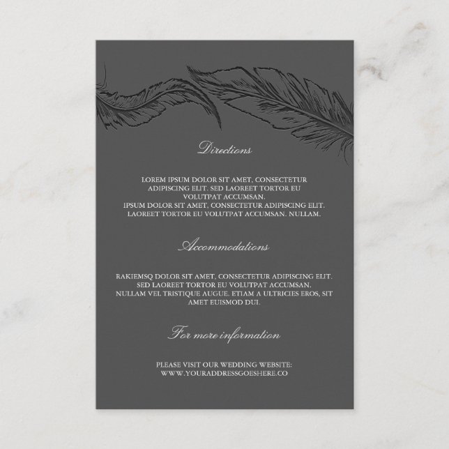 Grey Elegant Feathers Wedding Details Enclosure Card (Front)