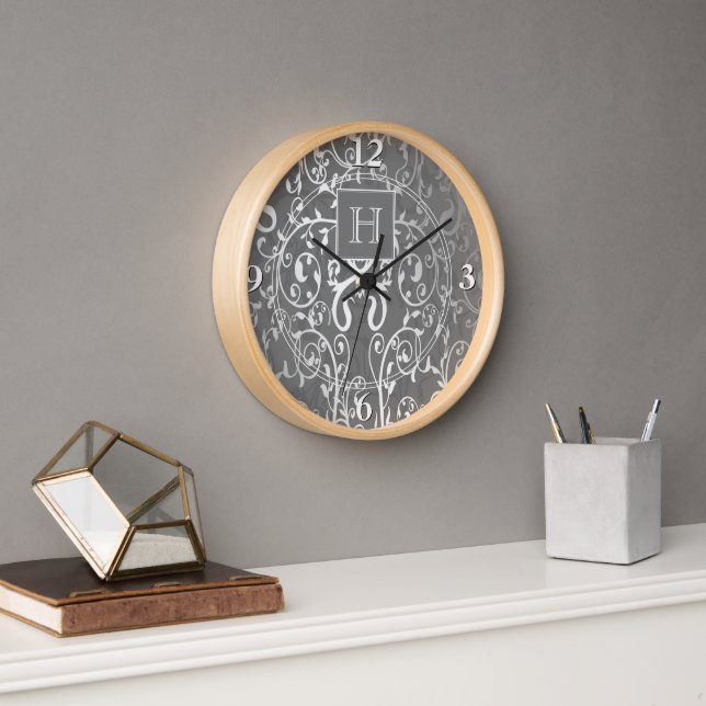 Grey Elegant Flourish Monogram Clock (Office)