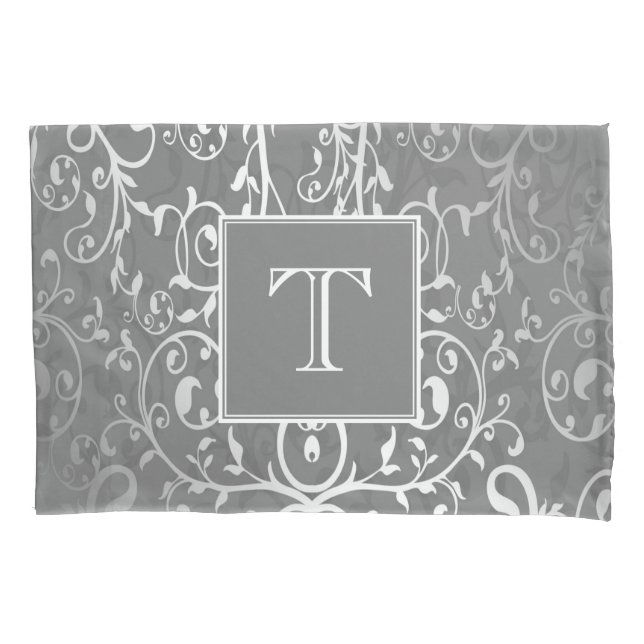 Grey Elegant Flourish Monogram Pillowcase (Front)