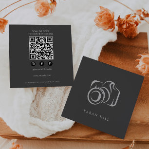 Grey Elegant Minimalist Photo Camera QR Code Square Business Card