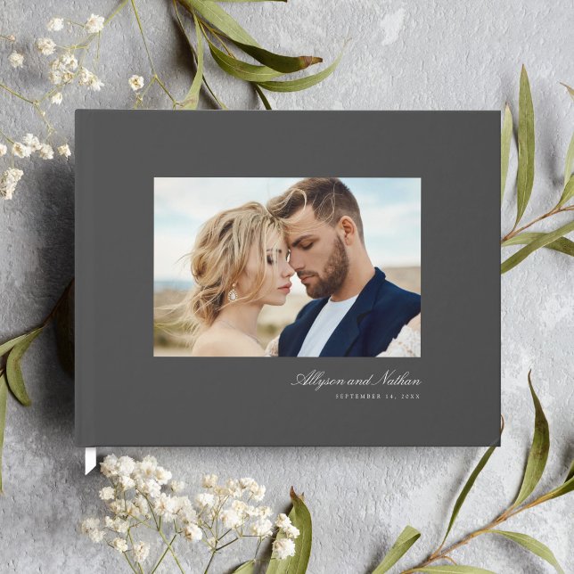 Grey Elegant Modern Simple Script Photo Wedding Guest Book (Creator Uploaded)