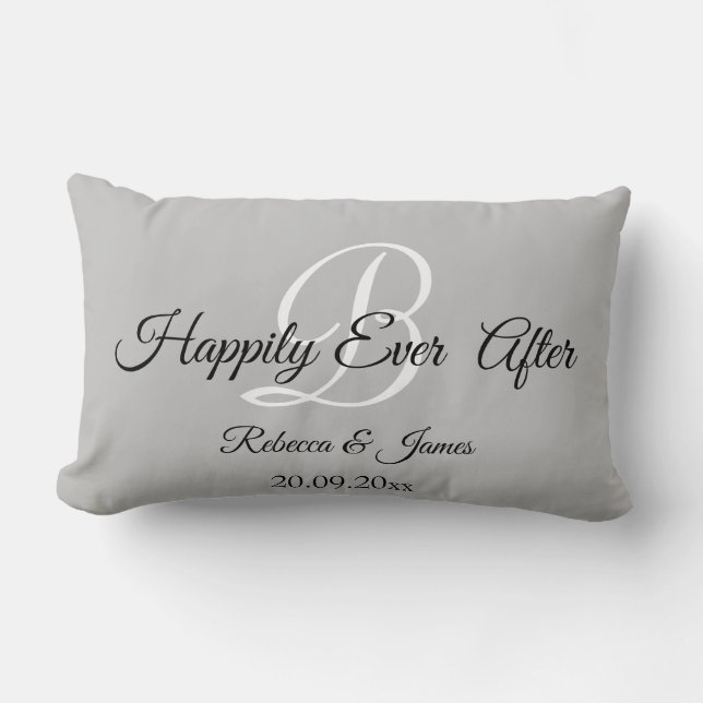 Grey Elegant Monogrammed Happily Ever After Lumbar Cushion (Front)