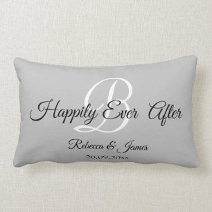 Grey Elegant Monogrammed Happily Ever After Lumbar Cushion