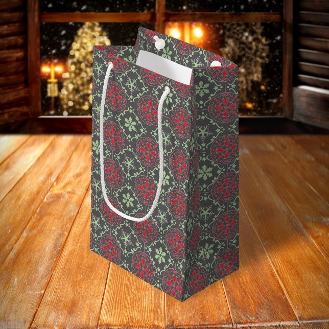 Grey Elegant Nordic Winter Trendy Snowflake Small Gift Bag (Red and green snowflake pattern with grey gift bag, )