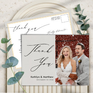Grey Elegant Script Modern Photo Wedding Thank You Postcard