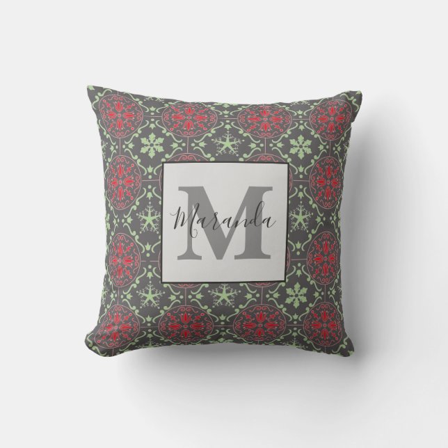 Grey Elegant Winter Nordic Snowflake Monogram  Cushion (Front)