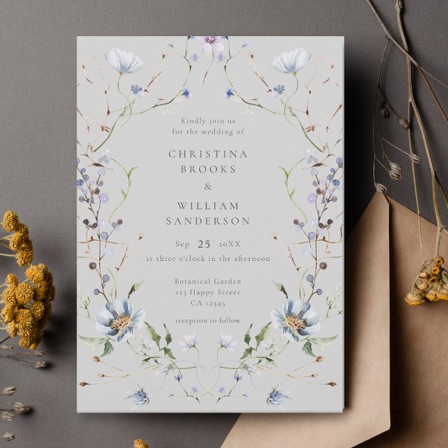 Grey Elegant Winter Wildflowers Wedding Invitation (Creator Uploaded)