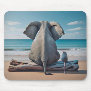 Grey Elephant and Mouse On Beach Log Mouse Mat
