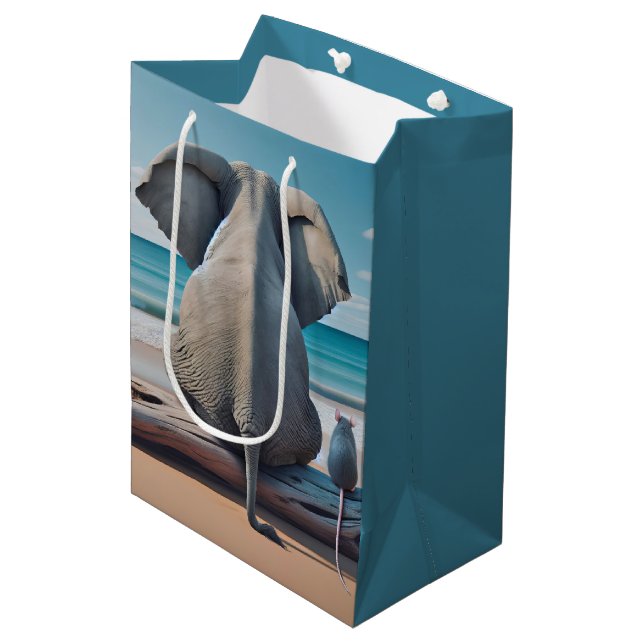 Grey Elephant and Mouse On Driftwood Medium Gift Bag (Front Angled)