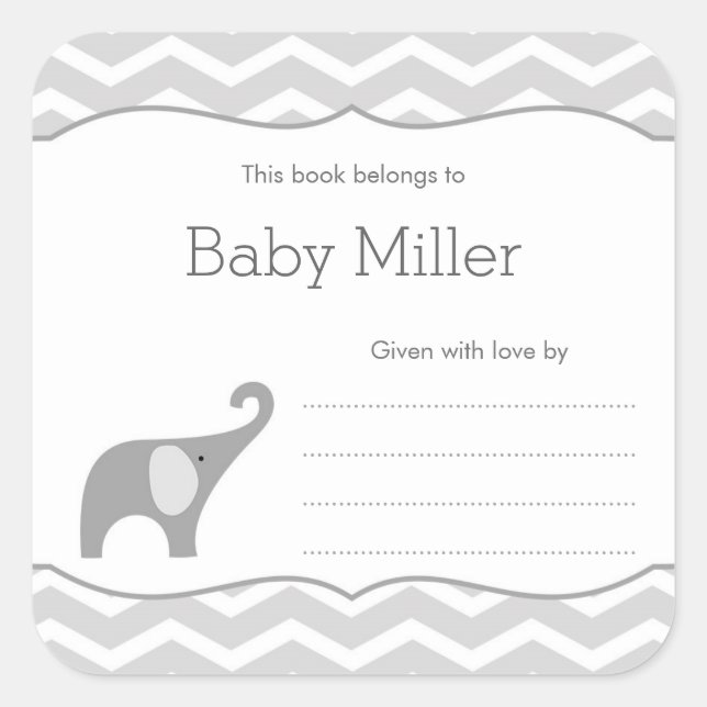Grey Elephant Baby Shower Bookplate, neutral Square Sticker (Front)