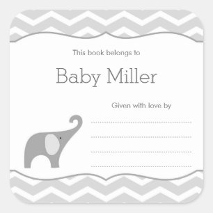 Grey Elephant Baby Shower Bookplate, neutral Square Sticker