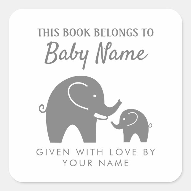 Grey elephant baby shower bookplate sticker labels (Front)
