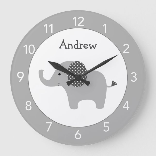 Grey Elephant Custom Nursery Round Clock (Front)
