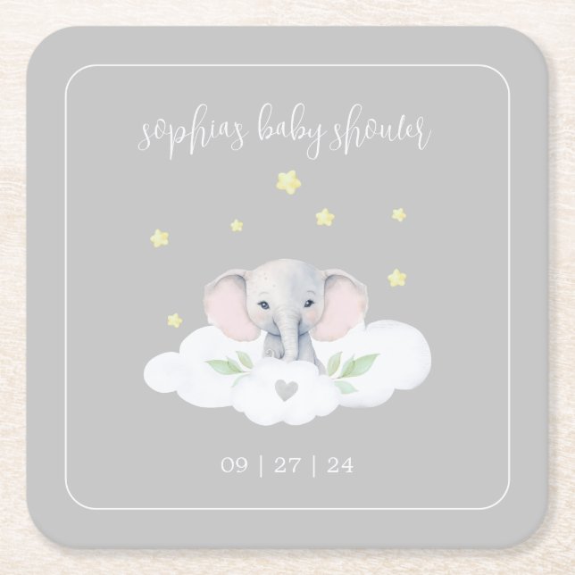 Grey Elephant Little Peanut Baby Shower Tableware Square Paper Coaster (Front)