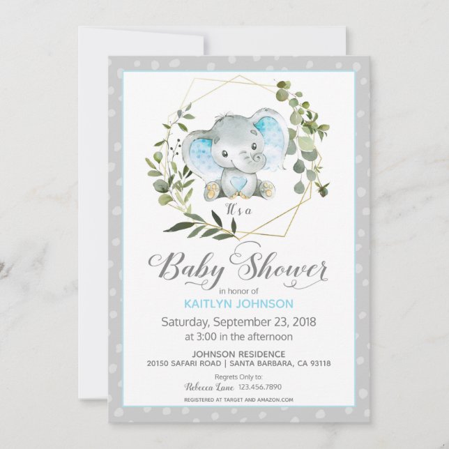 Grey Elephant Modern Baby Shower Invitation (Front)