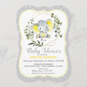 Grey Elephant Modern Baby Shower Invitation