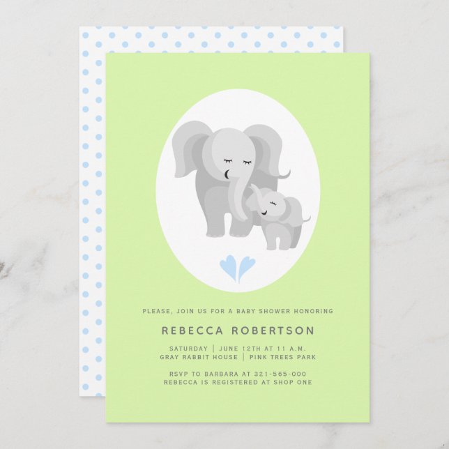 Grey elephant mother& baby boy shower light green invitation (Front/Back)