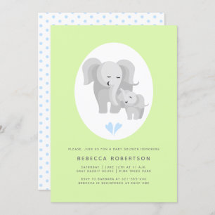 Grey elephant mother& baby boy shower light green invitation