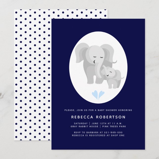 Grey elephant mother& baby boy shower navy blue invitation (Front/Back)