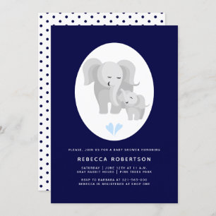 Grey elephant mother& baby boy shower navy blue invitation