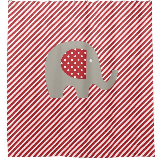 Grey Elephant on Red and White Diagonal Stripe Shower Curtain (Front)