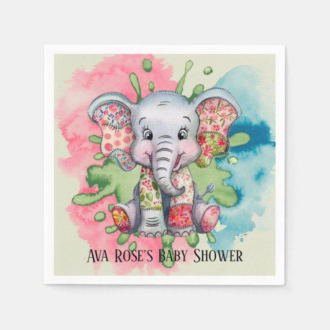 Grey Elephant Sewn Floral Patchwork Baby Shower Napkin (Front)