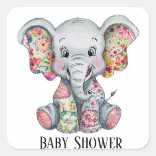 Grey Elephant Sewn Floral Patchwork Baby Shower Square Sticker