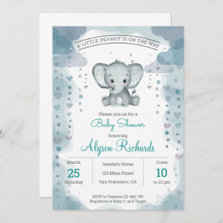 Grey Elephant Watercolor Baby Shower Invitation
