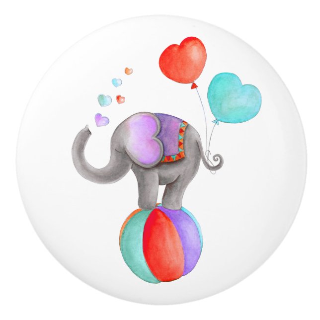 Grey elephant whimsy watercolor circus doorknob ceramic knob (Front)