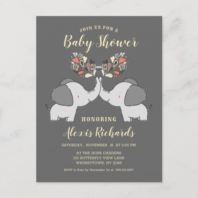 Grey Elephants Gender Neutral Cute Baby Shower Invitation Postcard (Front)