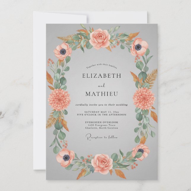 Grey Ethereal Peach Floral Wedding Invitation (Front)