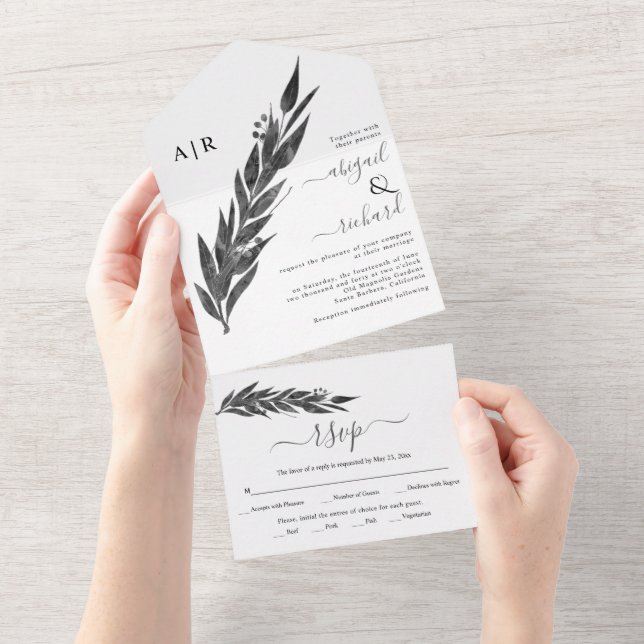 Grey eucalyptus branch with leaves winter wedding all in one invitation (Tearaway)