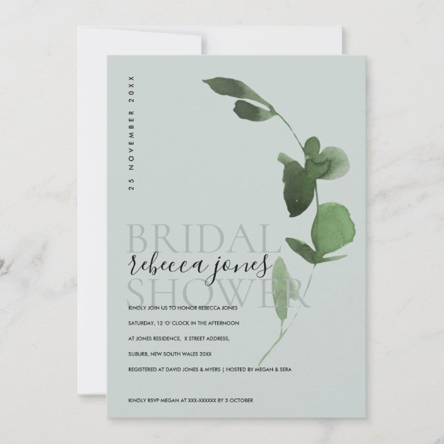 GREY EUCALYPTUS FOLIAGE WATERCOLOR BRIDAL SHOWER ANNOUNCEMENT (Front)