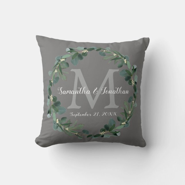 Grey Eucalyptus Monogram Wreath Wedding Keepsake Cushion (Front)