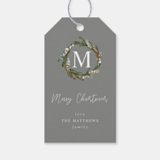 Grey Eucalyptus Wreath Monogram Gift Tags (Front)