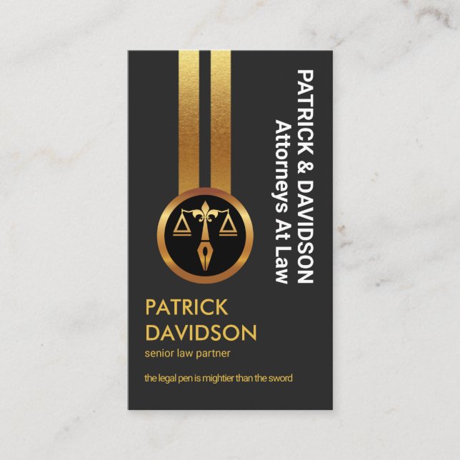 Grey Excellence Vertical Gold Lines Lawyer Business Card (Front)
