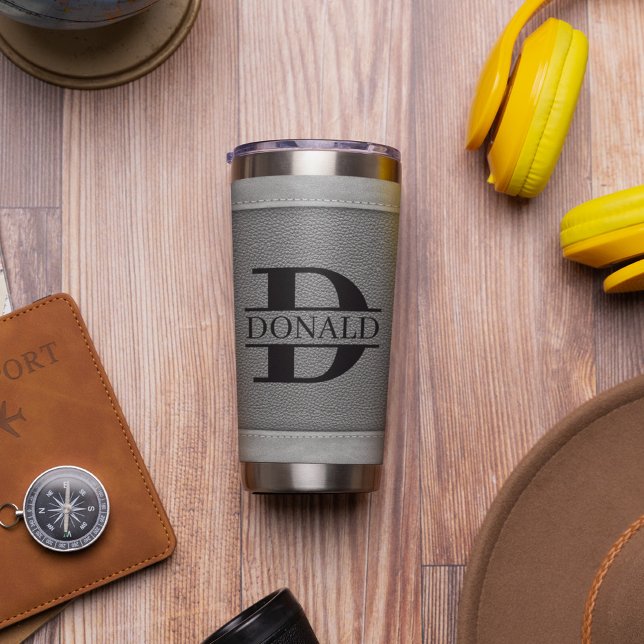 Grey Fake Leather Stiches Monogram Custom Name Insulated Tumbler (Creator Uploaded)