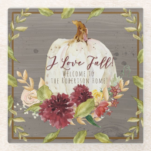 Grey Fall Burgundy Floral Home Decor Pumpkin Glass Coaster (Front)