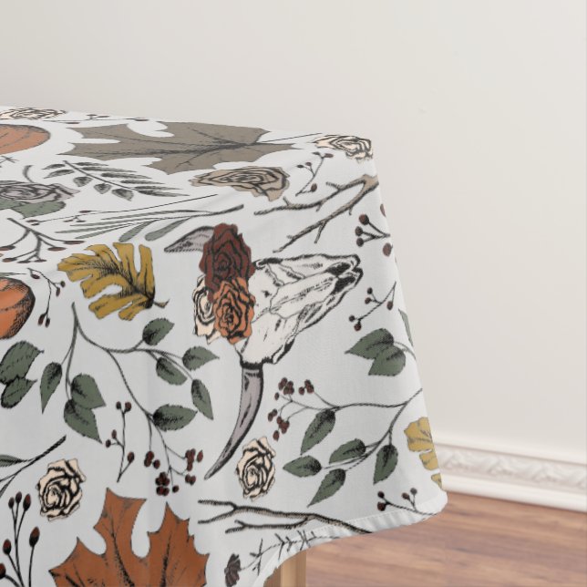 Grey Fall Harvest & Cow Skull Bull Head Floral Tablecloth (In Situ)