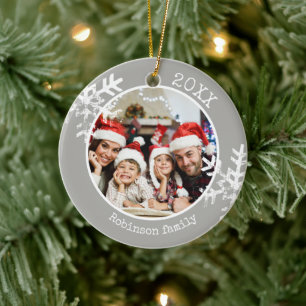 Grey Family Photo Snowflake Christmas Ceramic Tree Decoration